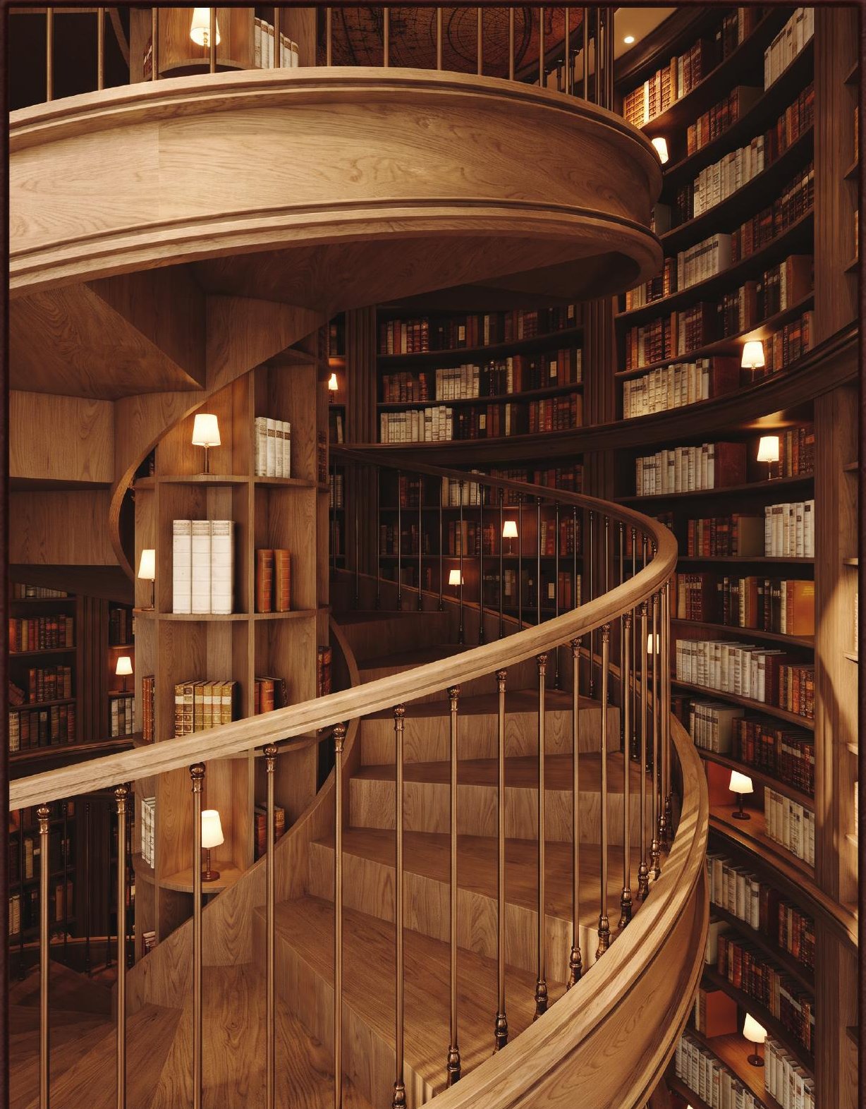 Sculptural spiral stair through the library at The Archive